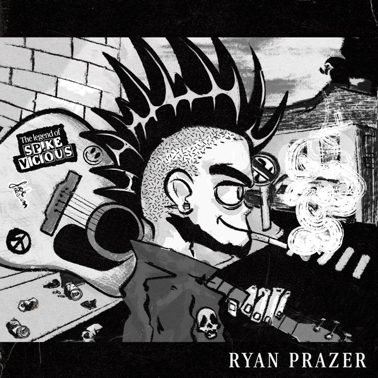 A black and white sketch of Spike Vicious, a spiky haired punk smoking a cigarette and carrying his guitar down a dirty English street. There is a ‘no nazis’ sign in the background and his guitar says ‘The Legend of Spike Vicious’