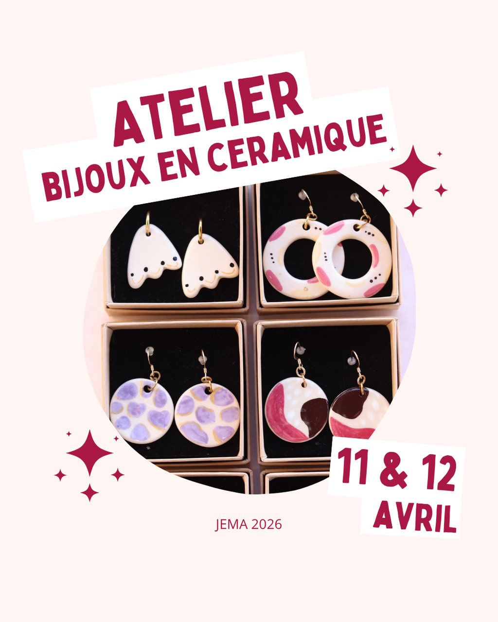 Atelier créatif en Ardèche, vals les bains, Aubenas, céramique, bijoux céramique, JEMA 2026, viens créer ton bijou