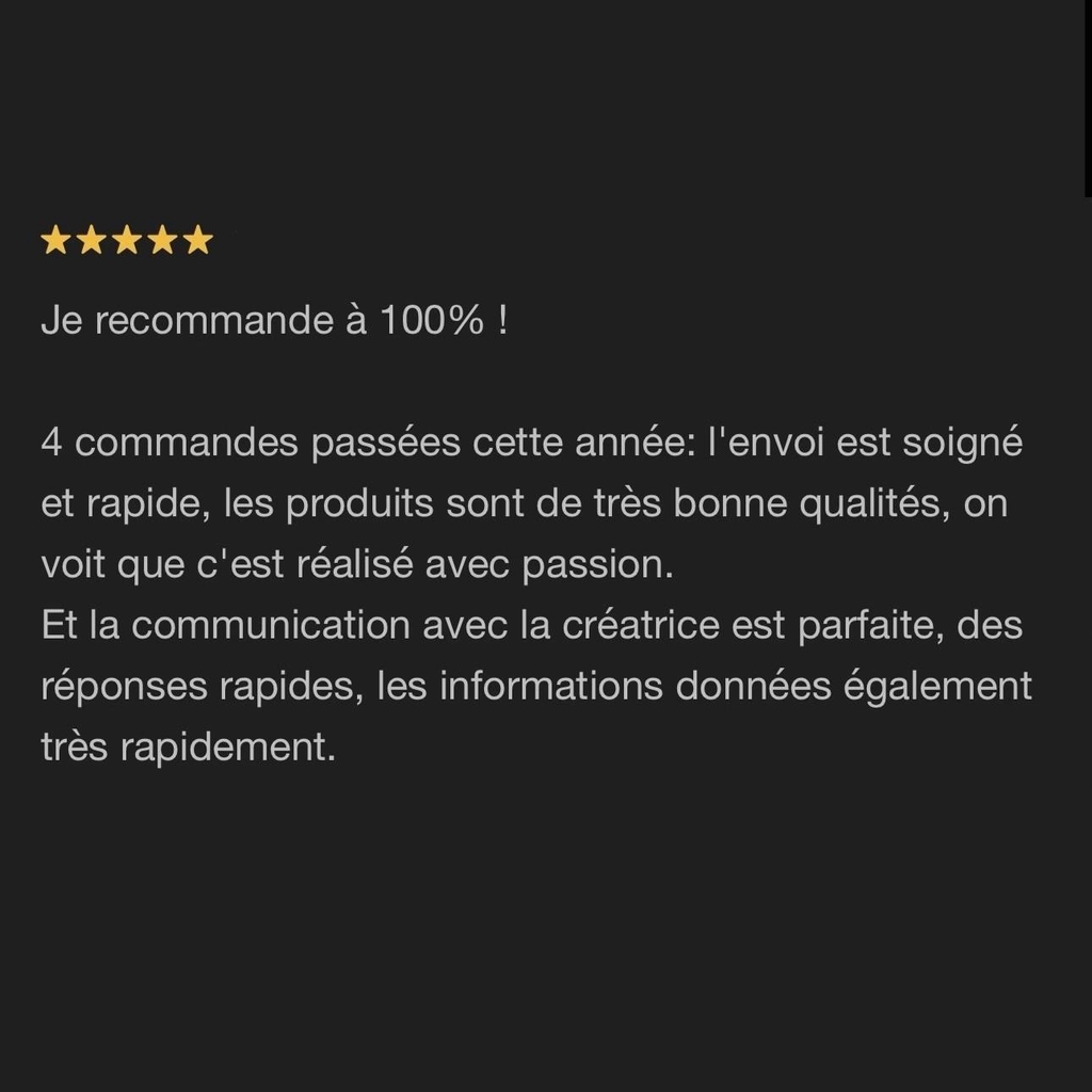 Avis Google à cinq étoiles pour des achats réguliers. « Produits de qualité, réalisé avec passion. Communication parfaite »