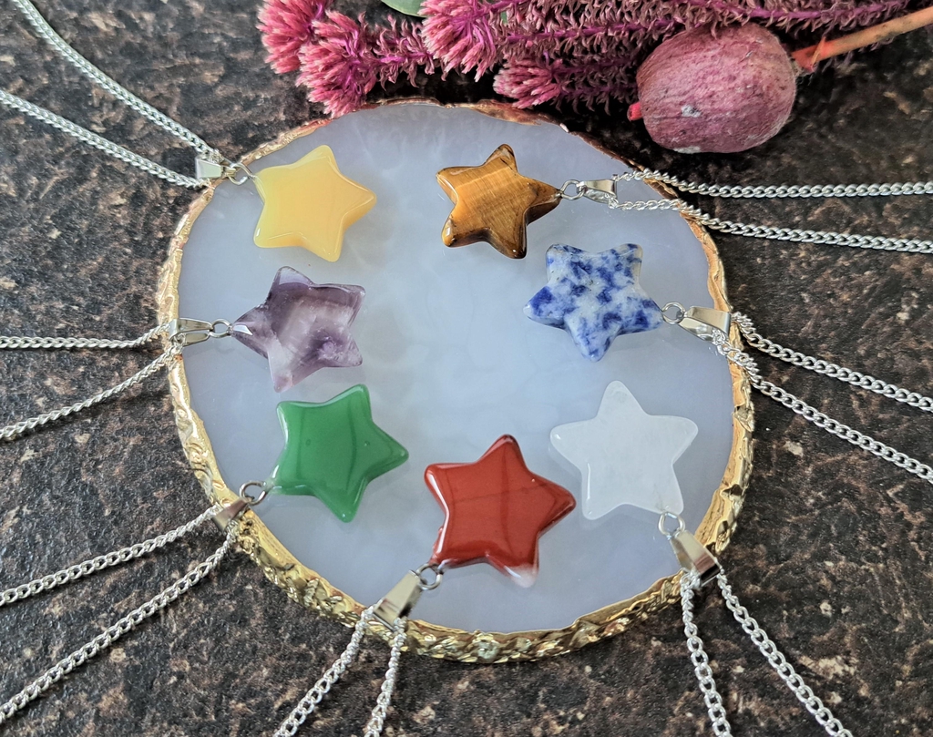 Gemstone star necklaces in a variety of colours - amethyst, jade, jasper, tiger's eye, quartz.
