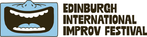 Edinburgh International Improv Festival logo. Blue cartoon of a face tilted upright laughing wildly. 