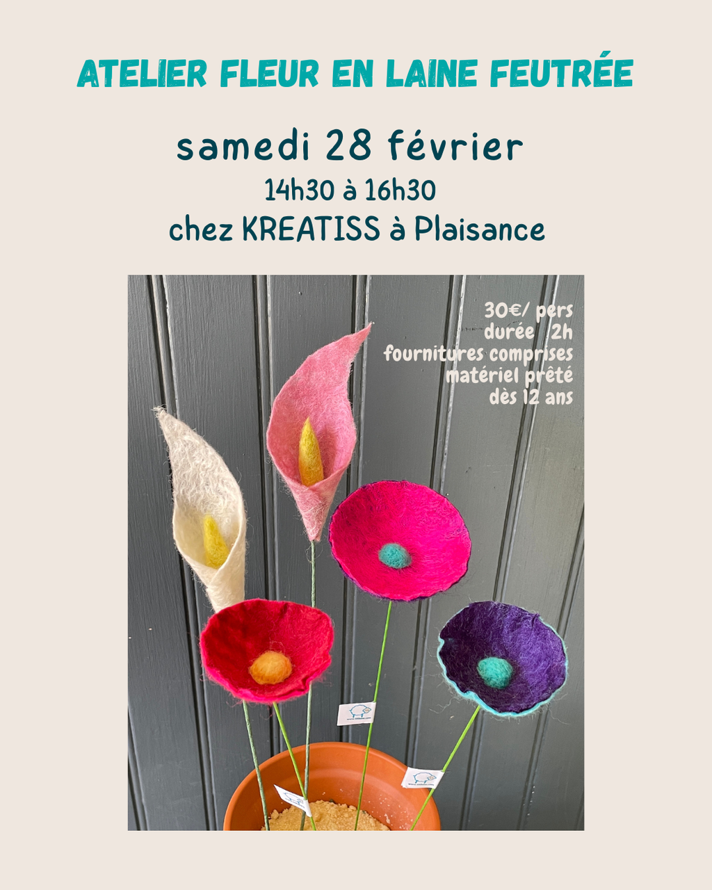 atelier feutre de laine fleur chez Kréatiss 