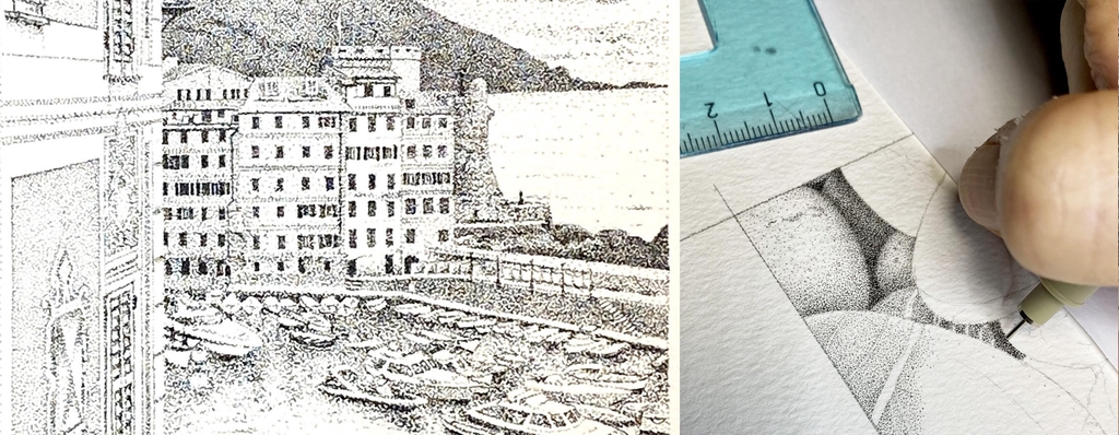 Disegni a china, penna 0,03 puntinati