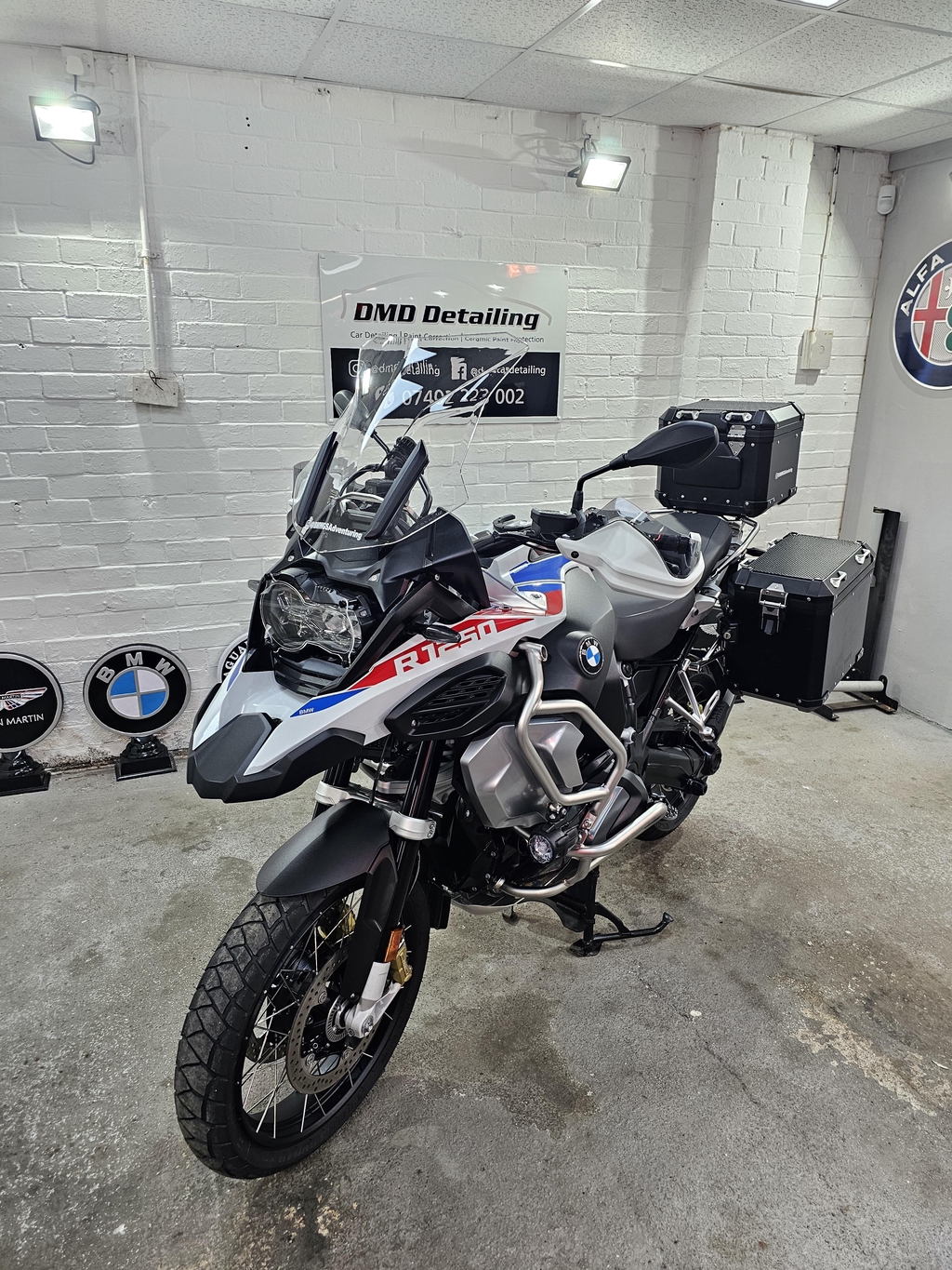 BMW R1250 GS Adventure Motorbike in Detailing workshop after wash and ceramic coating