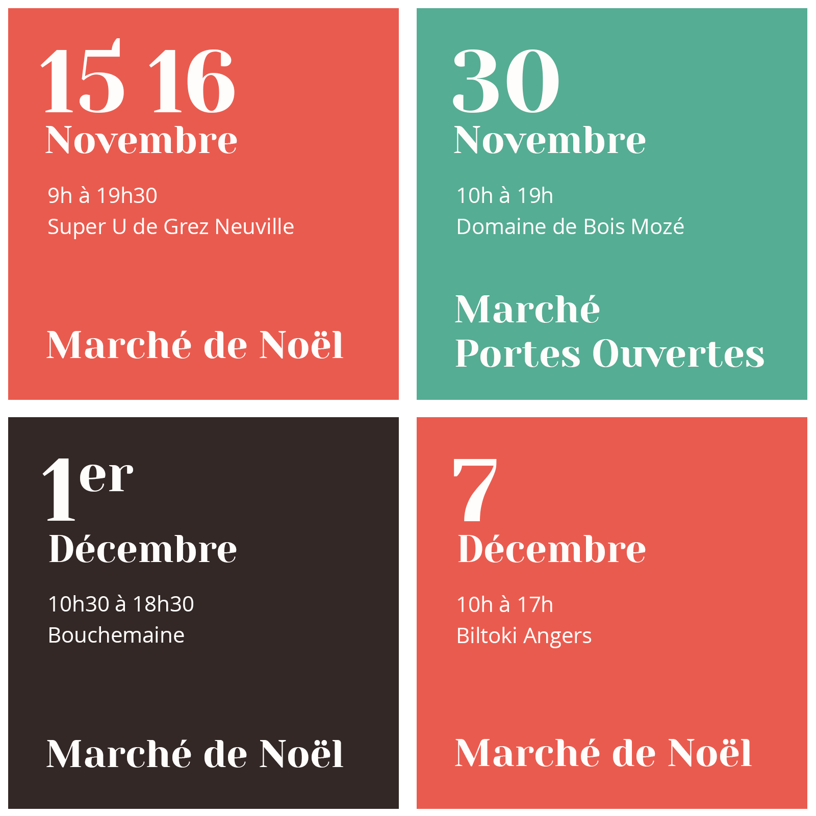 Dates de mes prochains marché créateurs où j'exposerai mes illustrations : 15 et 16 Novembre au Super U de Grez Neuville, 30 Novembre au Domaine de Bois Mozé, 1er Décembre à Bouchemaine et 7 Décembre à Biltoki