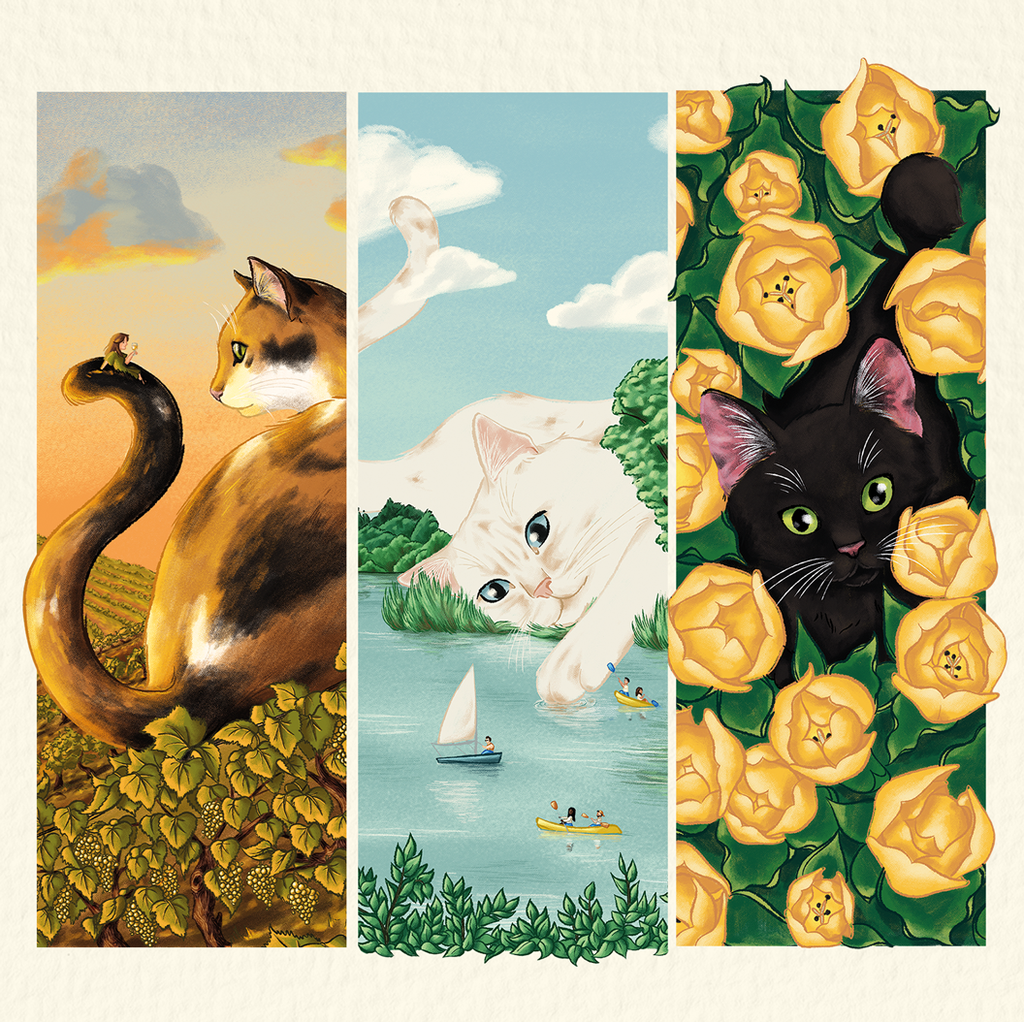 Triptyque d'illustrations de chats dans les paysages angevins
