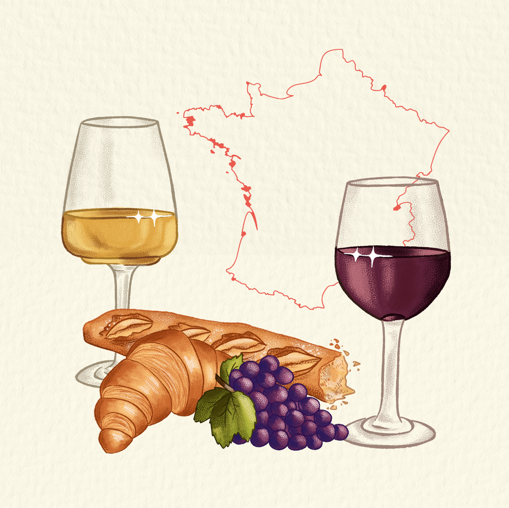 Pêle mêle d'illustrations de la collection Cocorico, centrée sur le patrimoine Français. Une carte de la France, avec 2 verres de vin devant, une baguette, un croissant et une grappe de raisin