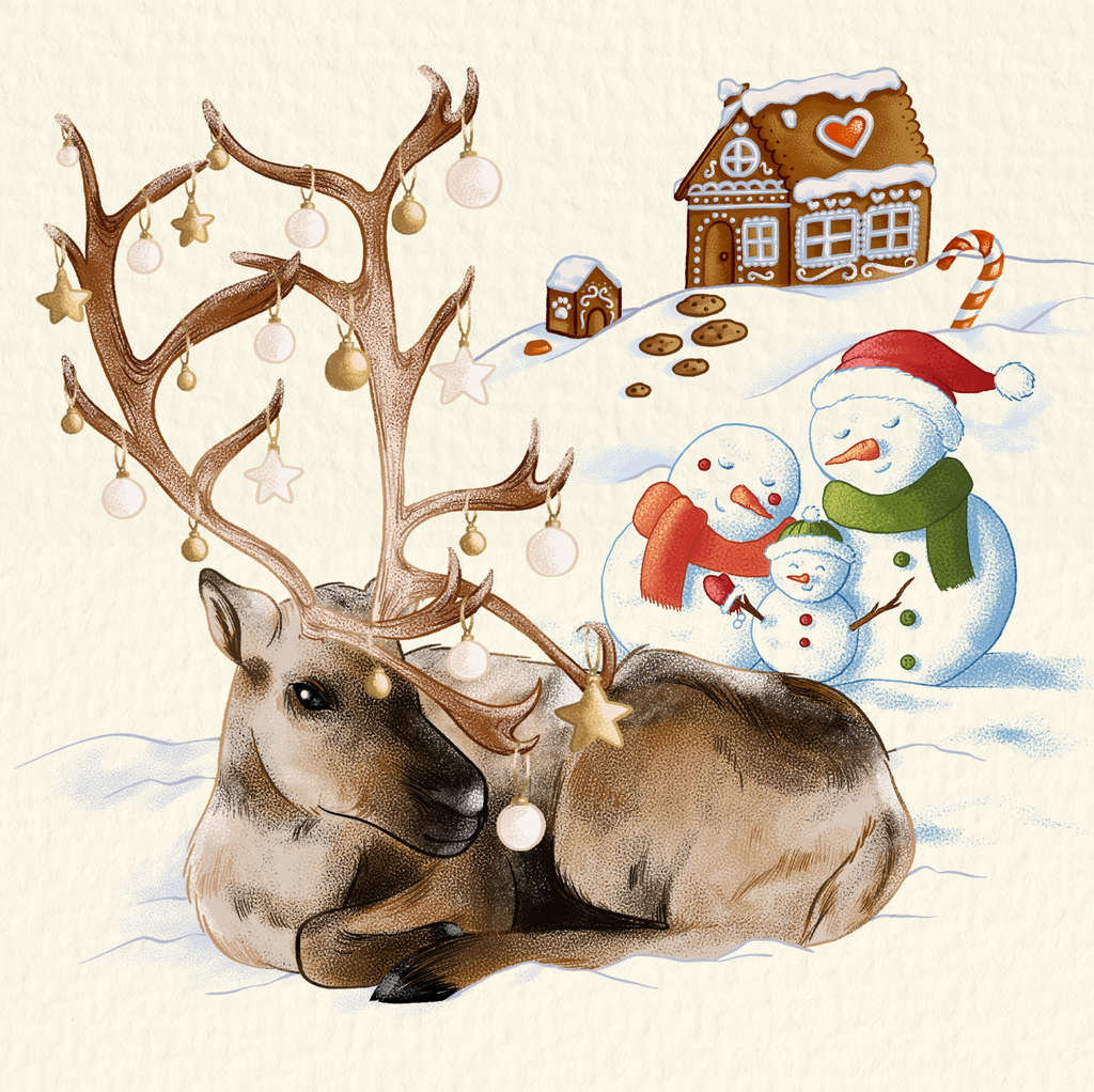 Pêle mêle d'illustrations de la collection de Noël : un rennes aux bois décorés de boules de Noël, une famille de bonhommes de neige et une maison en pain d'épice