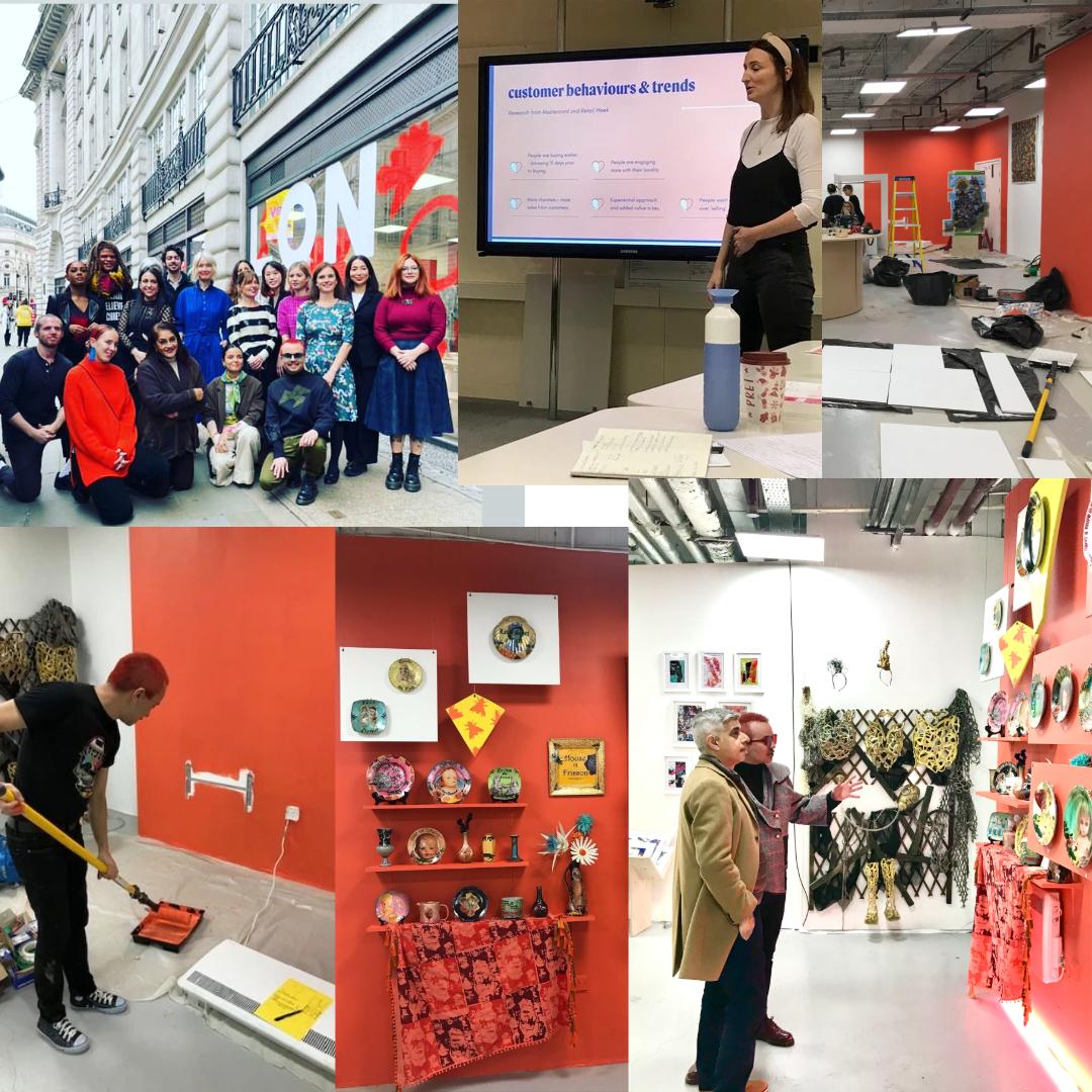 Collage of scenes from the 2022 London Made Me project, featuring House of Frisson's involvement: people posing, a presentation on customer trends, art studios with materials, and a gallery displaying colorful plates and vases from House of Frisson.