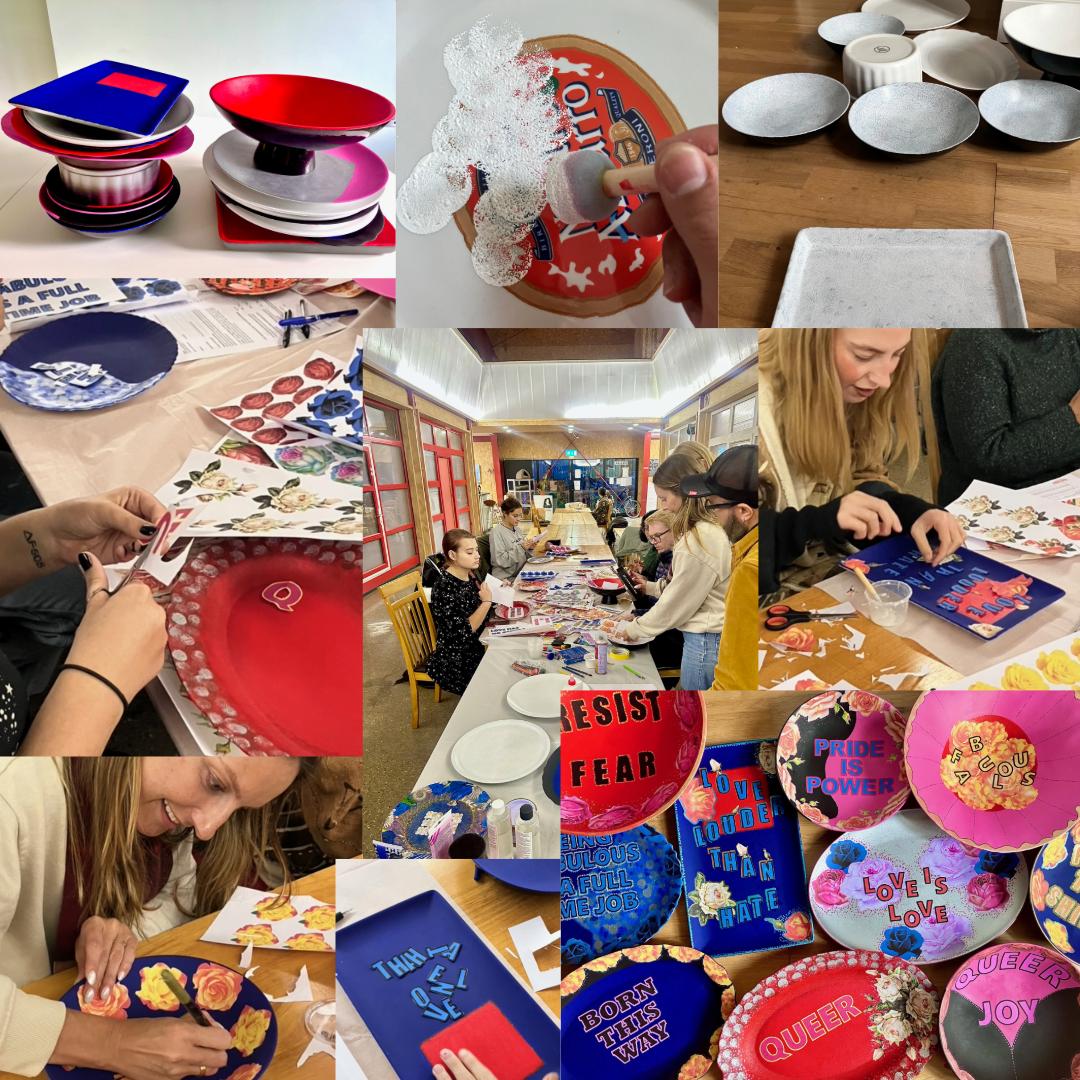 House of Frisson at Haringey Feast. A collage of nine images showcasing the workshop at Eade Studios and the peces created by the LGBTQ+ community during the workshop.