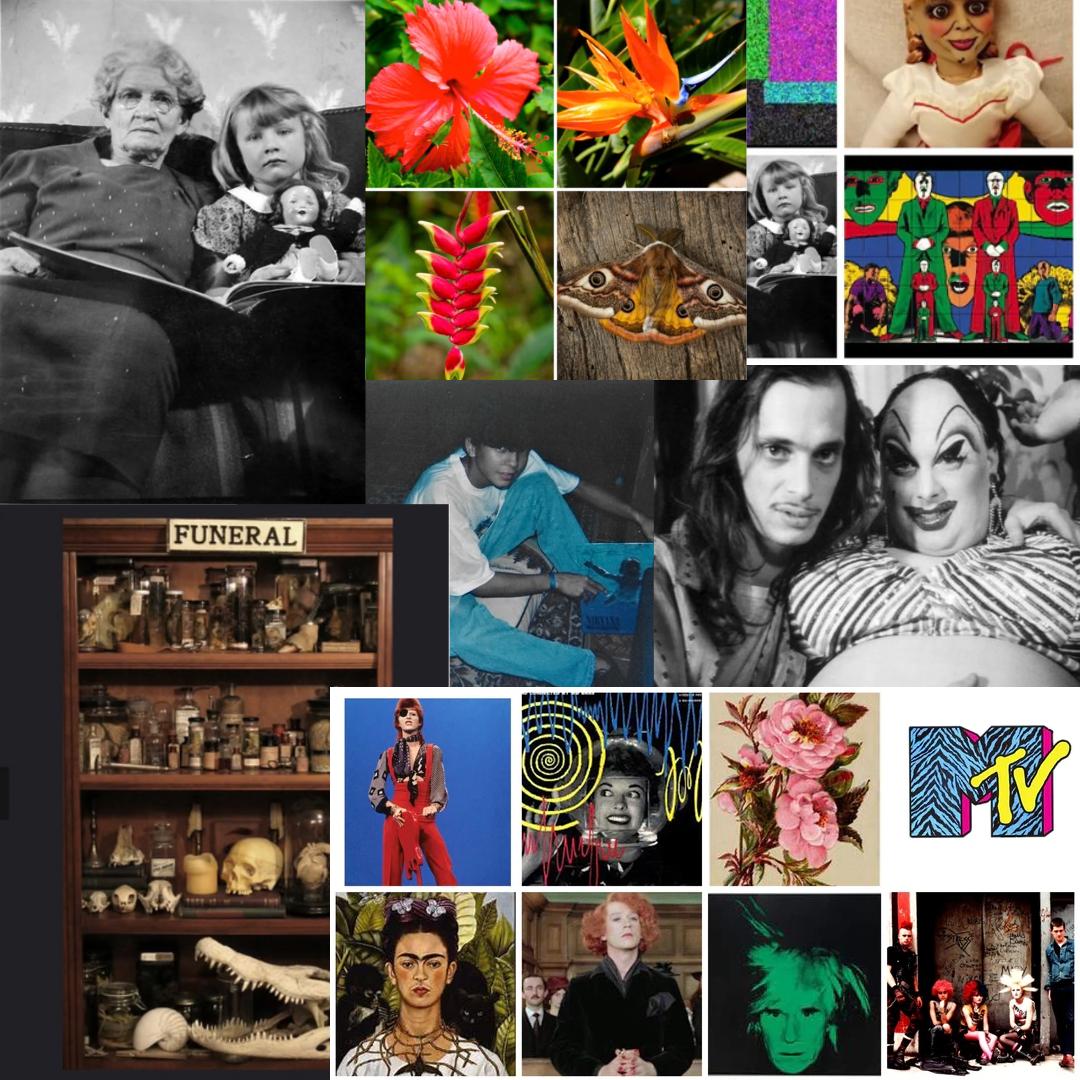 Collage of various images serving as creative inspirations. Includes a black-and-white photo of two people on a couch, one holding a doll, vibrant flowers like hibiscus and bird of paradise, a close-up of a moth, a colorful illustration of Gilbert & George artists in suits with exaggerated expressions, and abstract art with spirals. Other elements feature a shelf labeled 'FUNERAL' filled with jars and skulls, a group in punk attire, the MTV logo, and David Bowie in a red outfit. The mix of vintage, modern, and natural elements highlights diverse sources of creativity.