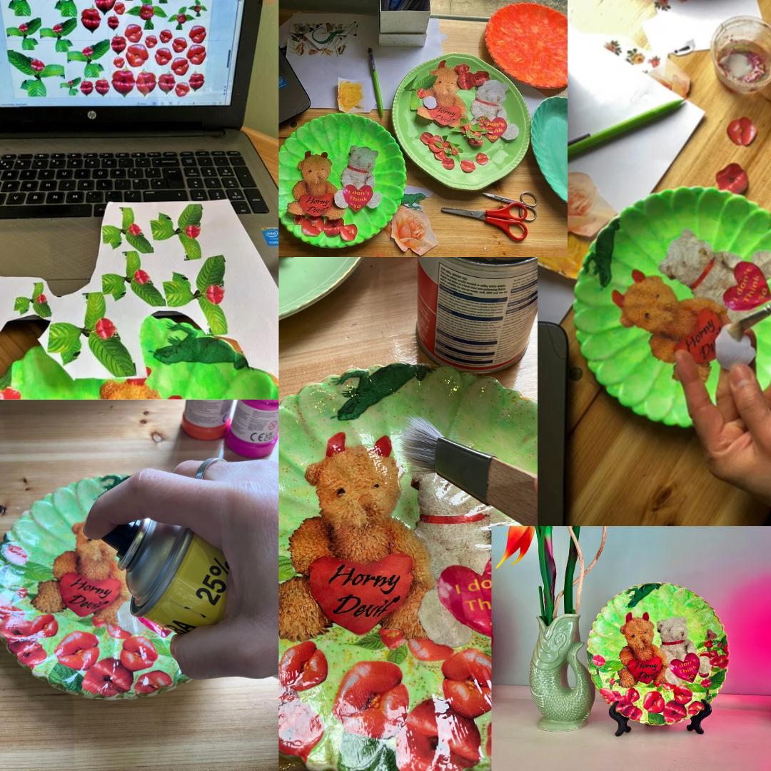 Collage of six photos showcasing the step-by-step process of upcycling ceramic plates. The first photo shows a laptop screen with a strawberry design and a printed version of the design cut out. The second photo features a green ceramic plate, scissors, and cut-out teddy bear images. The third photo shows the plate with teddy bear images being arranged. The fourth photo captures a hand applying glue to the plate with a brush. The fifth photo shows a hand spraying sealant onto the plate. The sixth photo highlights the final decorated plate with teddy bears and strawberries, displayed on a stand next to a decorative vase, with the text 'Horny Devil' on the teddy bear's heart.
