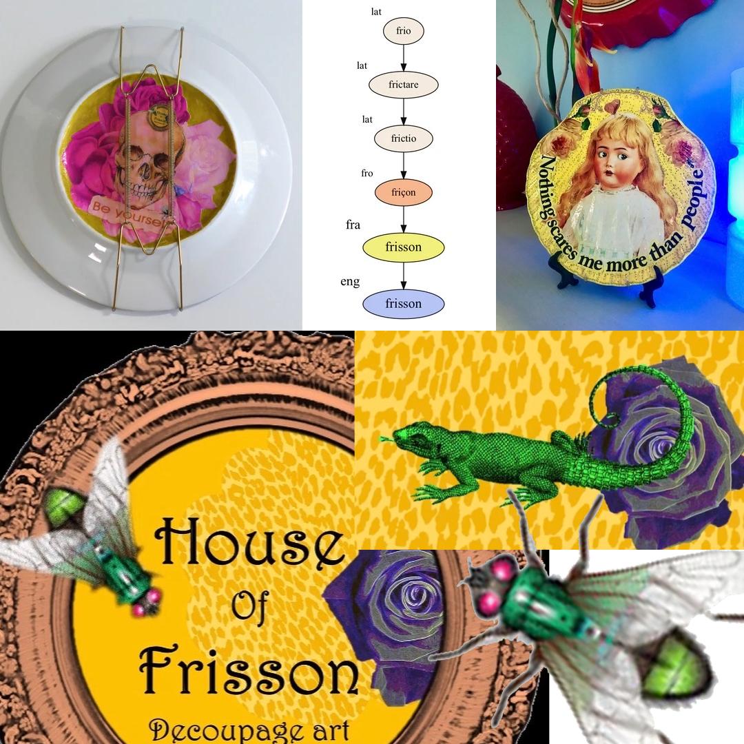 Collage of visuals reflecting the blog post 'Where Did the Name and Logo Come From.' Includes a decorative plate featuring a skull with flowers and the phrase 'Be Yourself,' a diagram tracing the etymology of the word 'frisson' from Latin to French and English, a decorative piece with a doll figure and the words 'Nothing scares me more than people,' and House of Frisson's logo design with the text 'House of Frisson Decoupage Art,' featuring a green lizard and a fly on a vibrant floral background.