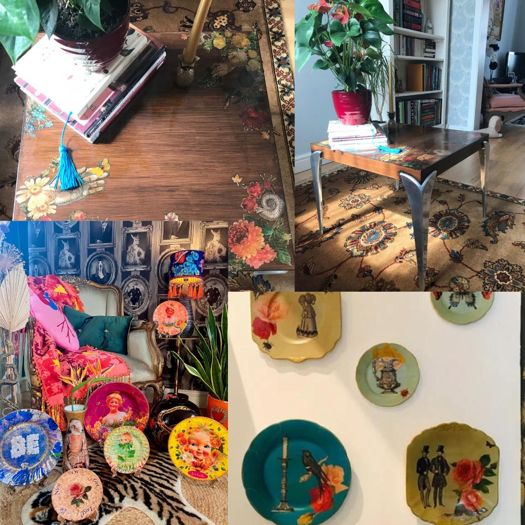 Collage of four photos showcasing House of Frisson's early artistic creations: the first two images highlight a wooden coffee table decorated with a floral and nature-themed collage, complete with a seashell and vibrant patterns, displayed in a living room setting with books and plants. The third image presents a colourful arrangement of eclectic decorative plates alongside furniture and plants. The final photo features a close-up view of a wall display with five unique decorative plates, each featuring intricate floral and vintage-style illustrations.