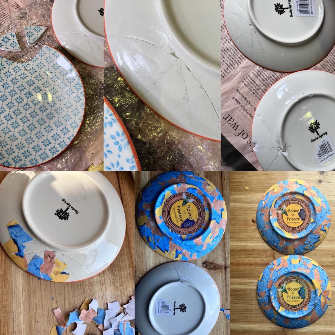 A collage of six images showing the process of upcycling cracked ceramic plates, by gluing the pieces and then gluing scraps of coloured paper to cover the wounds on the back of the plate and applying House of Frisson's log to it.