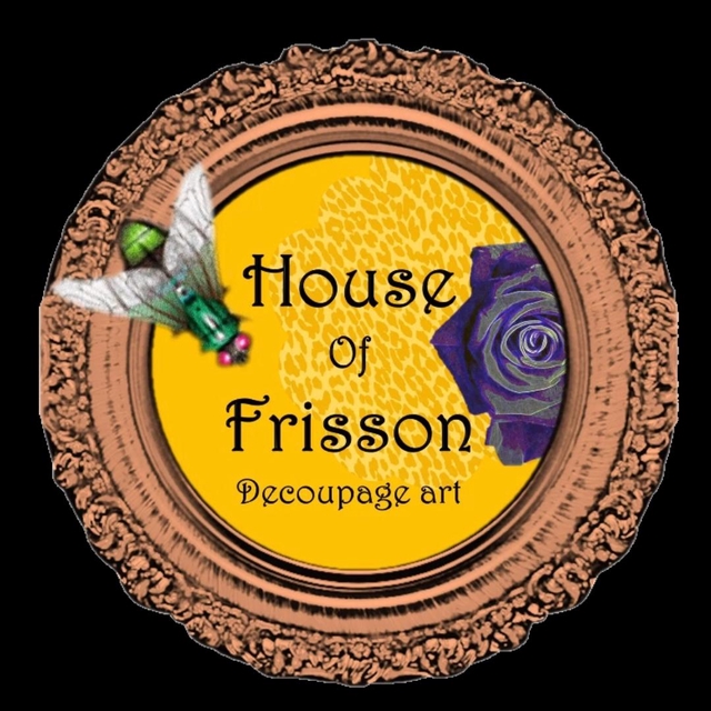 House of Frisson's logo. One-of-a-kind collage and illustrations on upcycled ceramics and a range of giftware featuring House of Frisson's unique designs.
