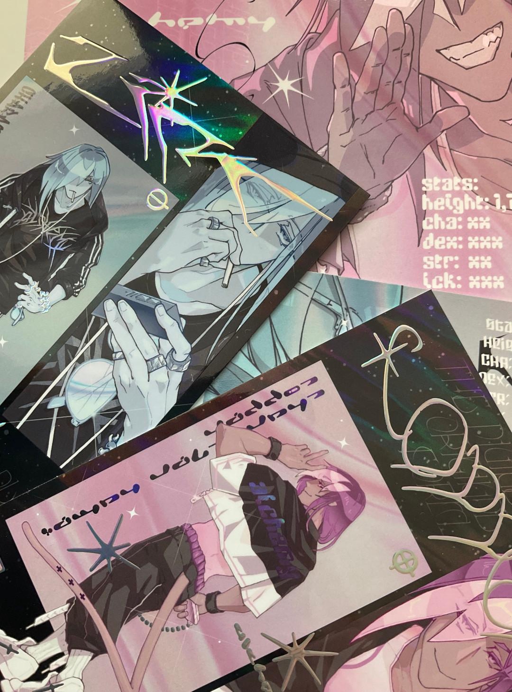 Artprints, postcards, holographic and partial foil prints depicting my OCs from my self-published BL / yaoi manga comic. 