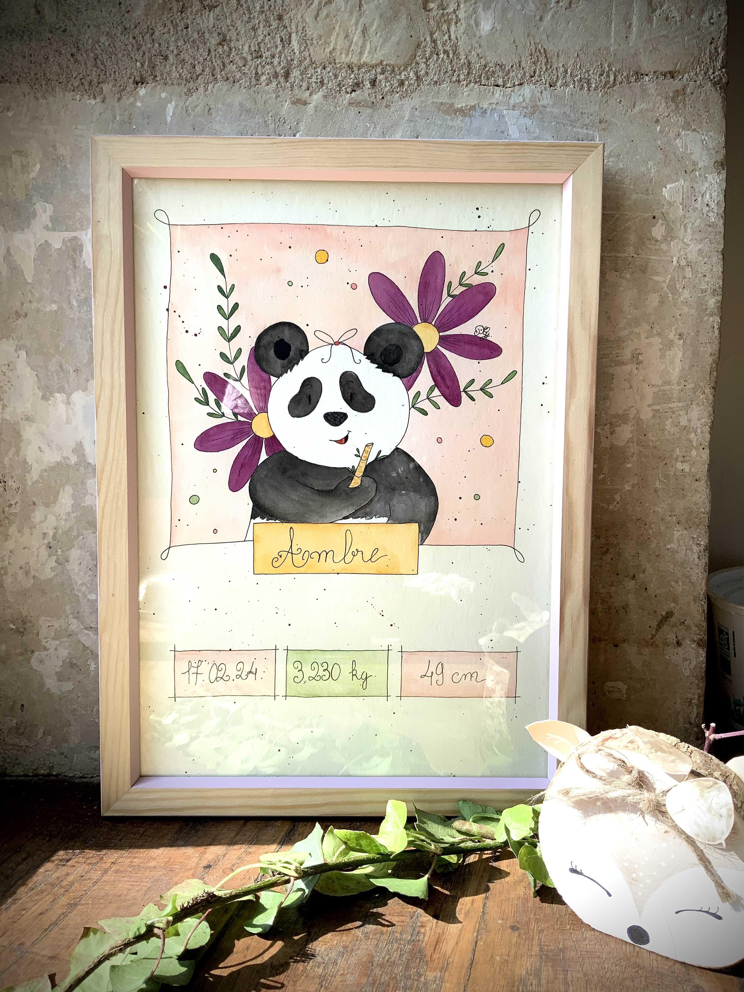 Cadre de naissance avec le prénom de l’enfant et une illustration jeunesse sur le thème panda.