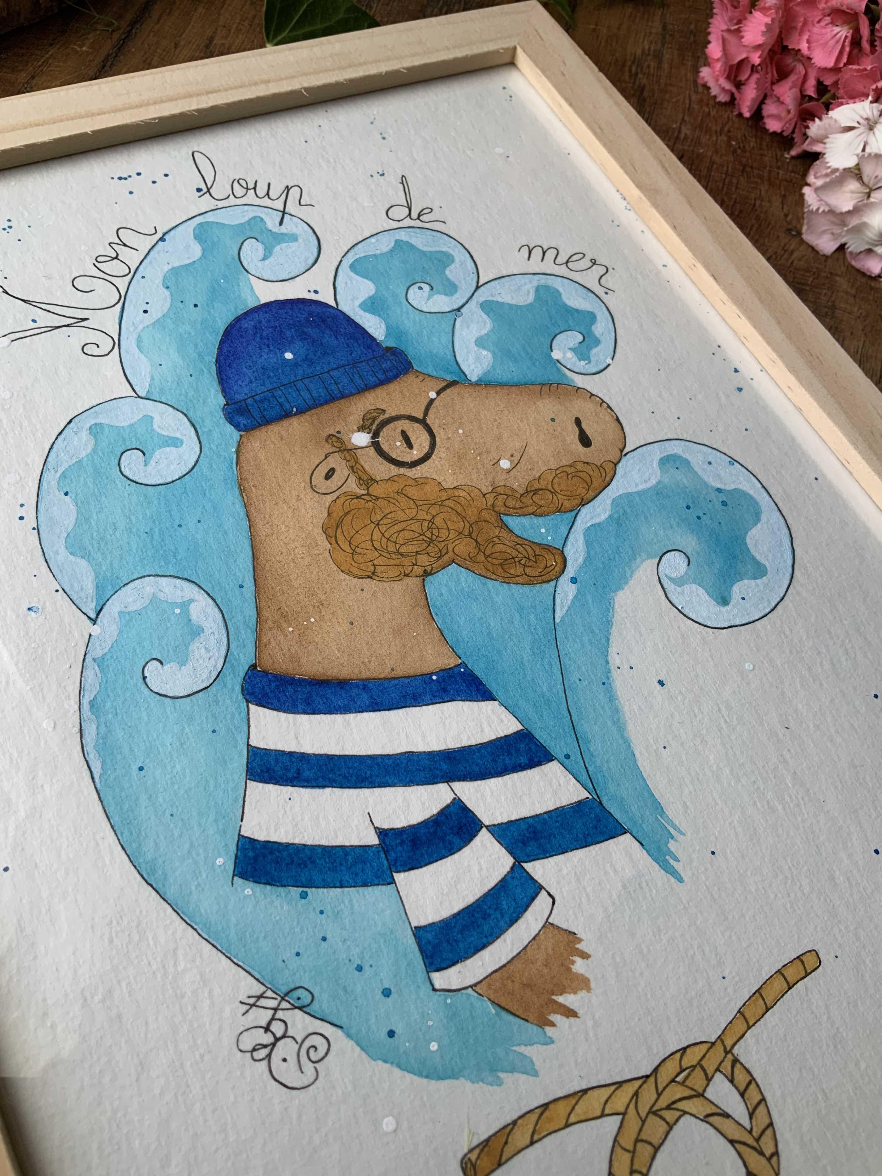 Aquarelle représentant une loutre dans un ensemble marin.