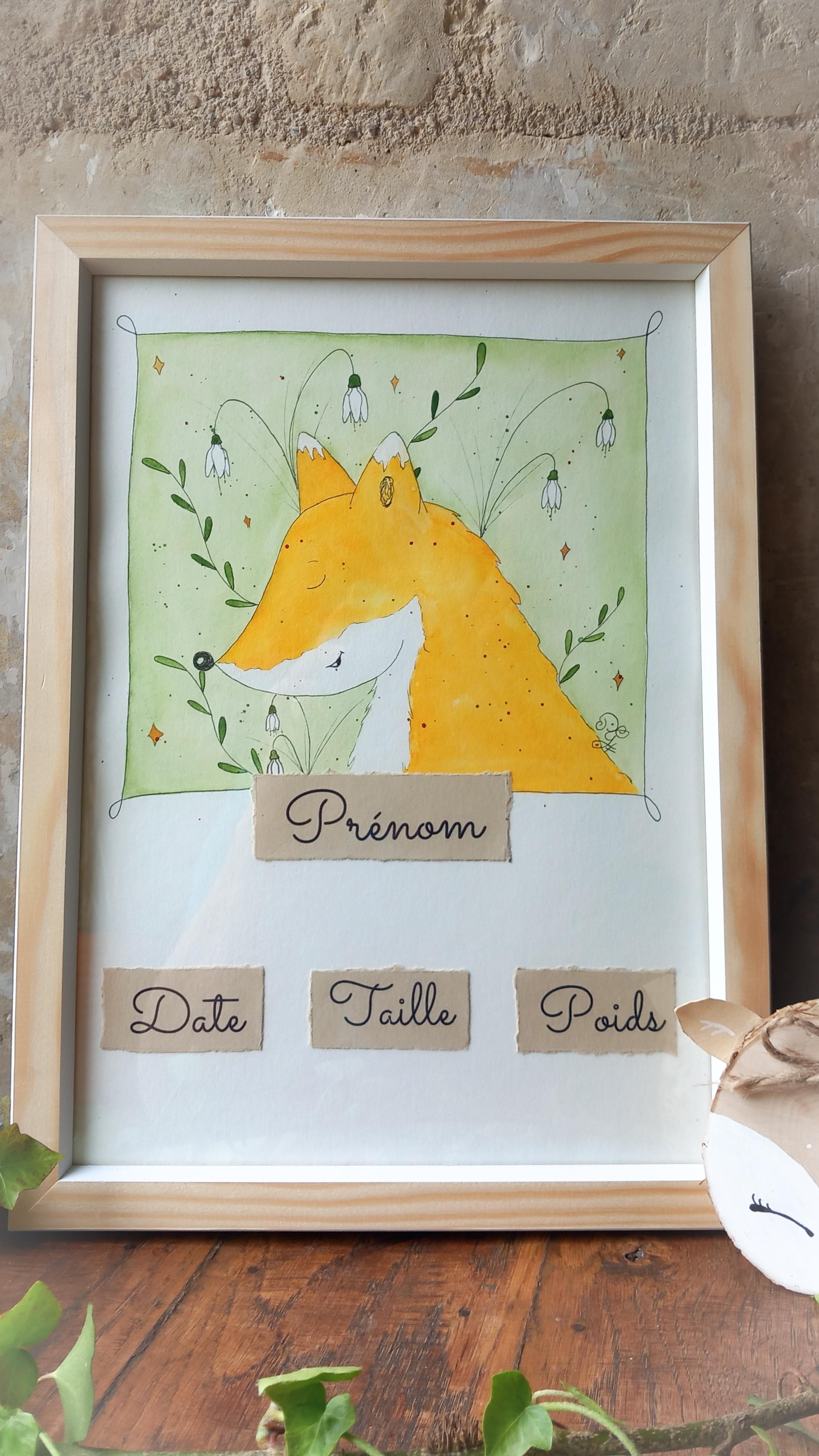Cadre de naissance personnalisé avec le nom de l’enfant, la date de naissance, la taille et le poids accompagné d’une illustration à l’aquarelle personnalisée