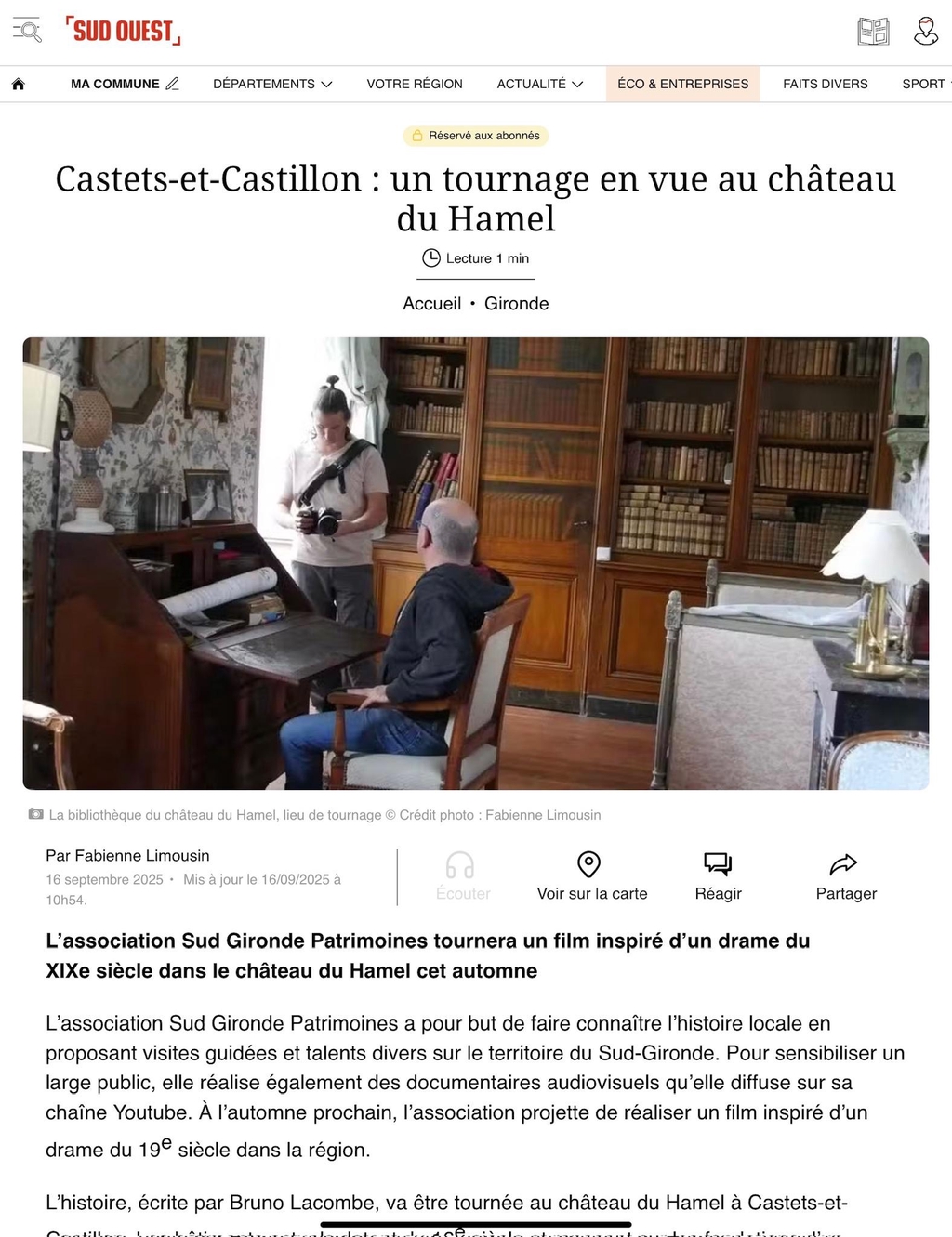Photo de l'article Sud Ouest annonçant le tournage du court métrage le Coquelicot des Cendres