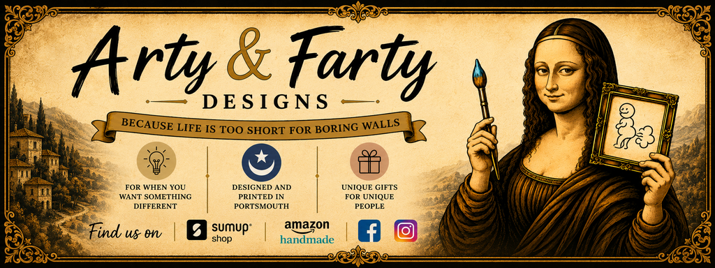 Vintage-style banner for Arty & Farty Designs featuring a Mona Lisa-inspired artist holding a paintbrush and a humorous framed sketch. The banner includes the tagline "Unique Gifts for Unique People", icons representing creative designs, prints of all styles, and perfect gifts, with ornate gold borders and a sepia Tuscan landscape background. At the bottom, it reads "Find us on" followed by eBay, Amazon Handmade, Facebook, and Instagram logos.