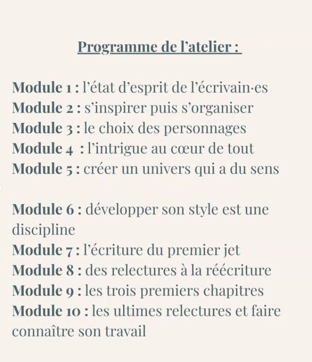 atelier d'écriture ; programme de groupe de travail ; intrigue ; style ; personnage : relectures ; inclusivité