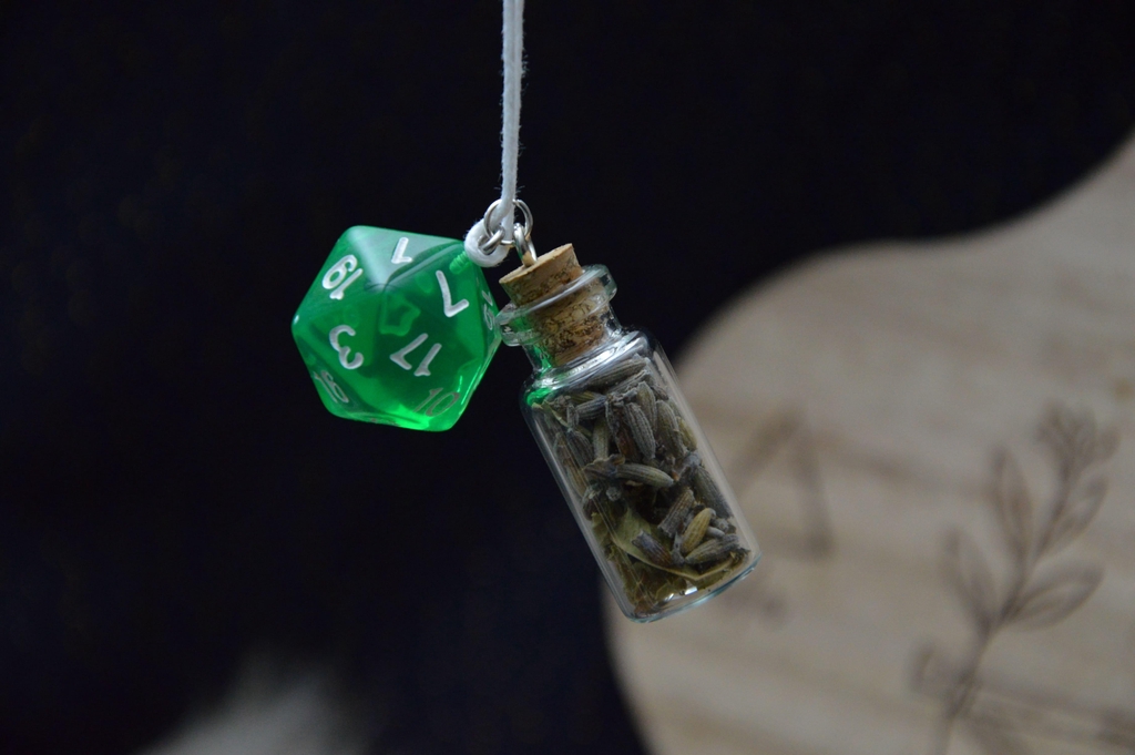 Pendentifs du Pentacle - pendentifs d'une fiole de plantes aromatiques et d'un D20. 