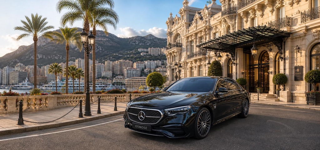 Mercedes noire avec chauffeur privé de luxe devant un hôtel prestigieux à Monaco