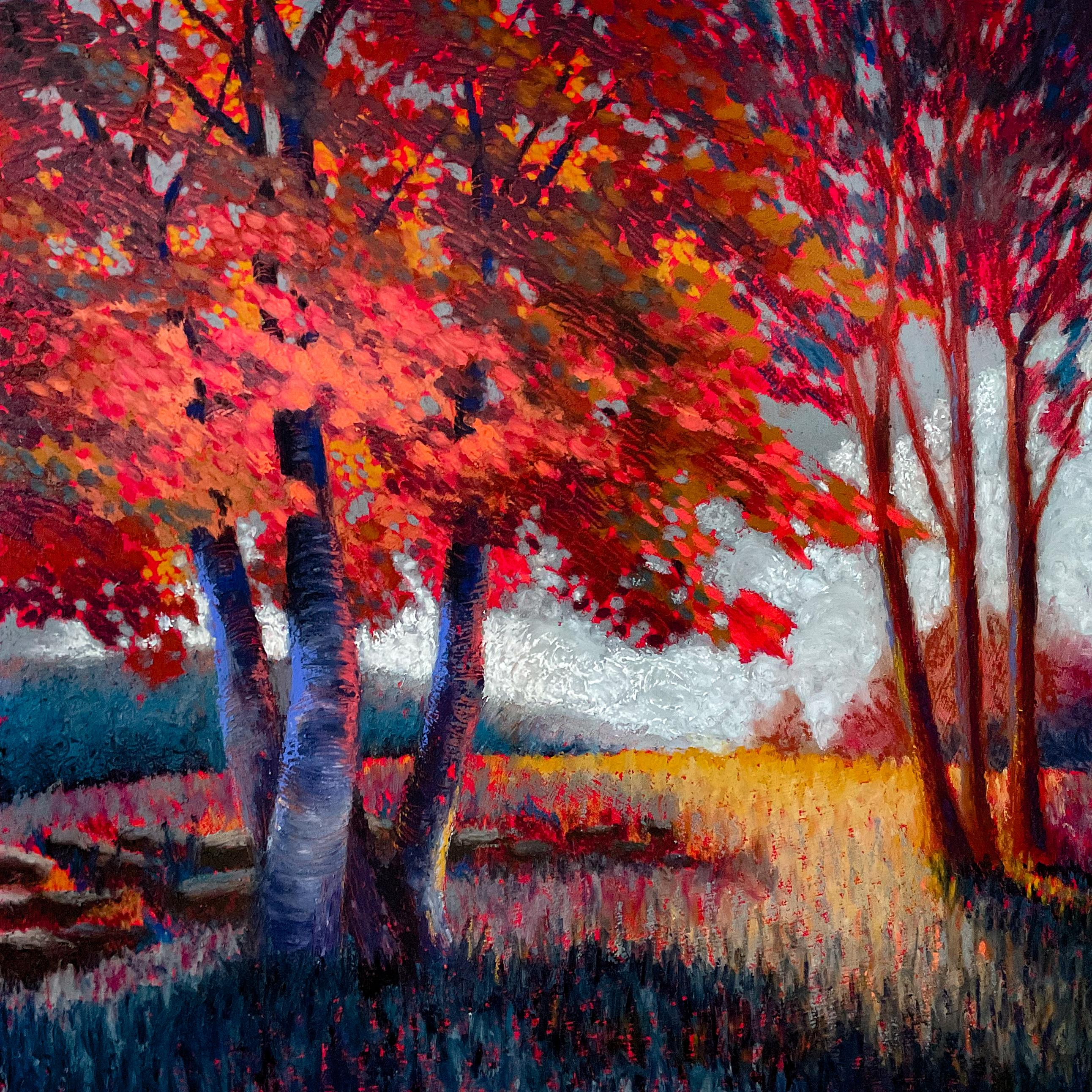 Oil pastel tree painting in blues and yellows with dappled light and shadows