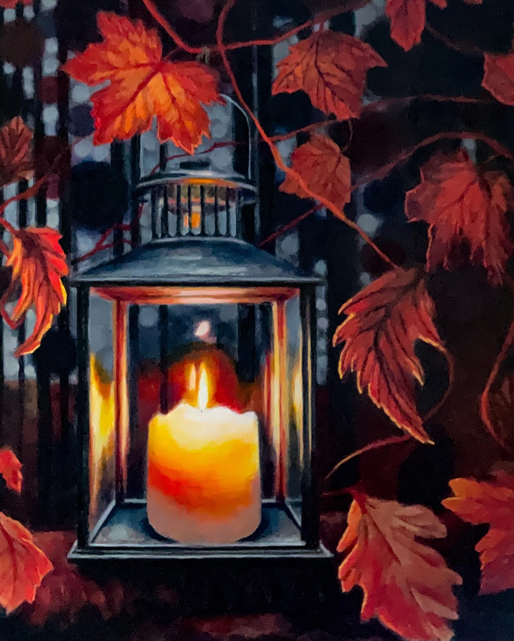 Painting of a glowing lantern with autumn leaves