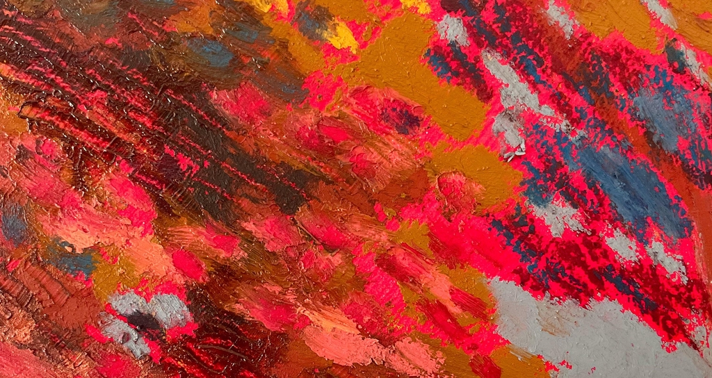 Expressive oil pastel marks in pinks and reds