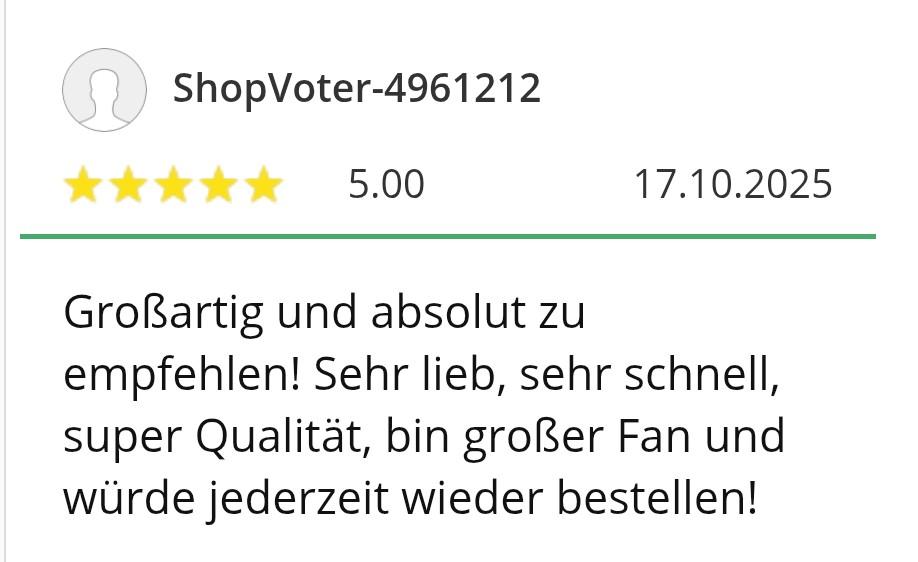 5 Sterne Bewertung: Großartig und absolut zu empfehlen! Sehr lieb, sehr schnell, super Qualität, bin großer Fan und würde jederzeit wieder bestellen!