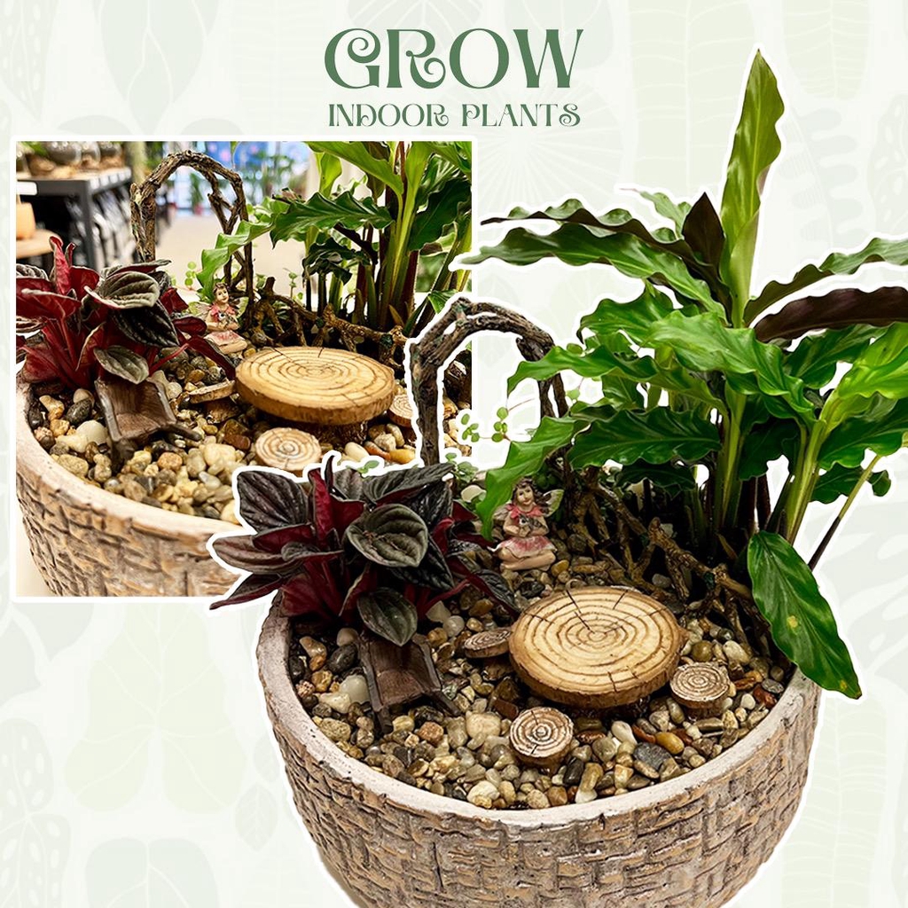 Fairy garden made from stone bowl, in the garden there is an archway with a small angel sitting cross legged with small plants surrounding, a tiny picnic table with seats and a miniature wheelbarrow.
