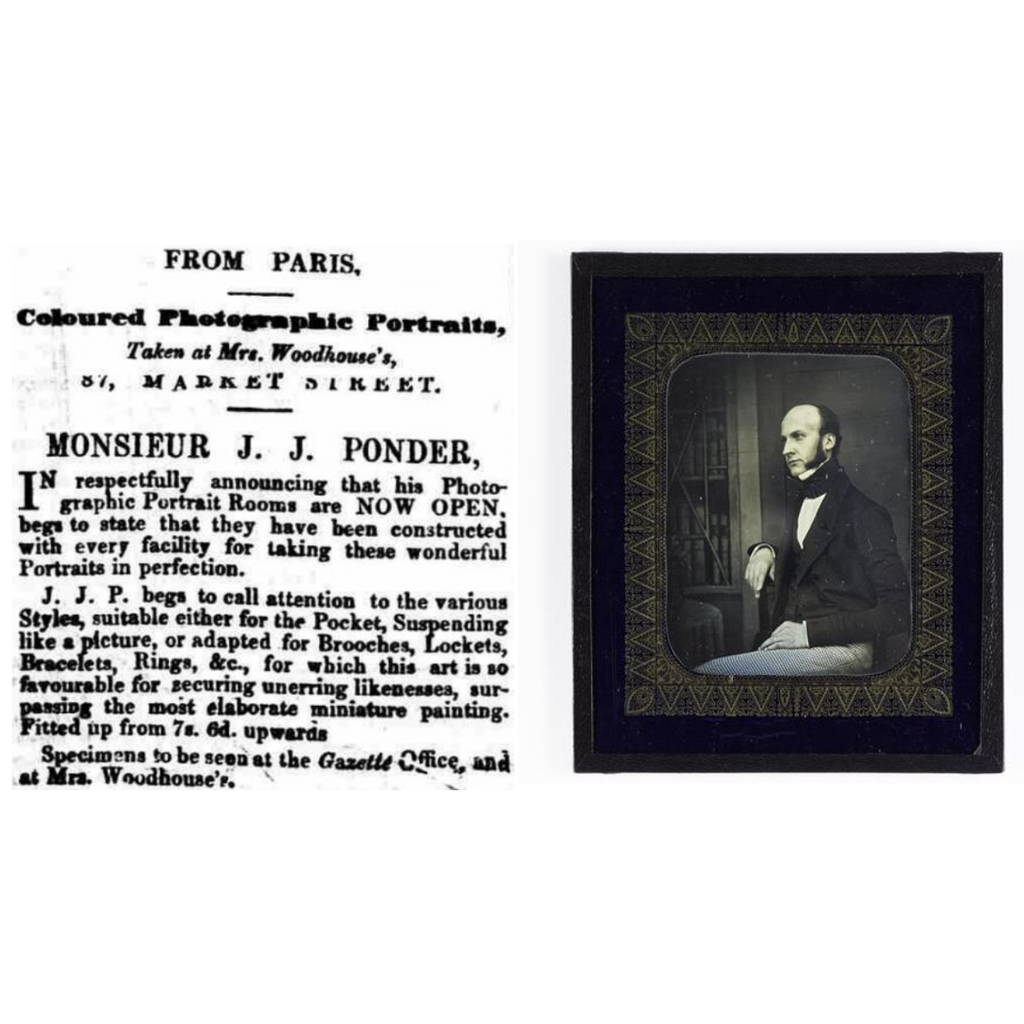 1/2 plate tinted daguerreotype, depicting a middle-aged man in check trousers with a library backdrop, framed in passe-partout, thought to be by Joseph J. Ponder, itinerant photographer, and the first photographer in Lancaster, 1849