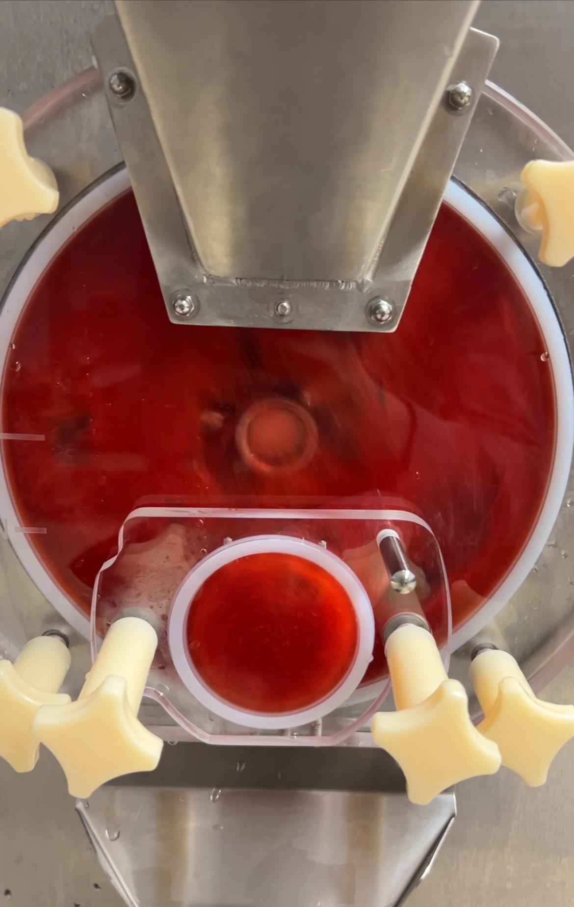 Kuva jäätelökoneesta, jonka sisällä on punaista jäätelöä