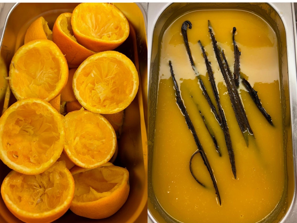 Puristetut appelsiinit astiassa. Vaniljatangot appelsiinijäätelössä.