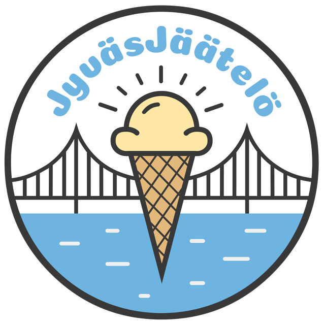 JyväsJäätelön logo, jossa on teksti "JyväsJäätelö", jäätelötötterö, Jyväsjärvi ja Jyväskylän silta.