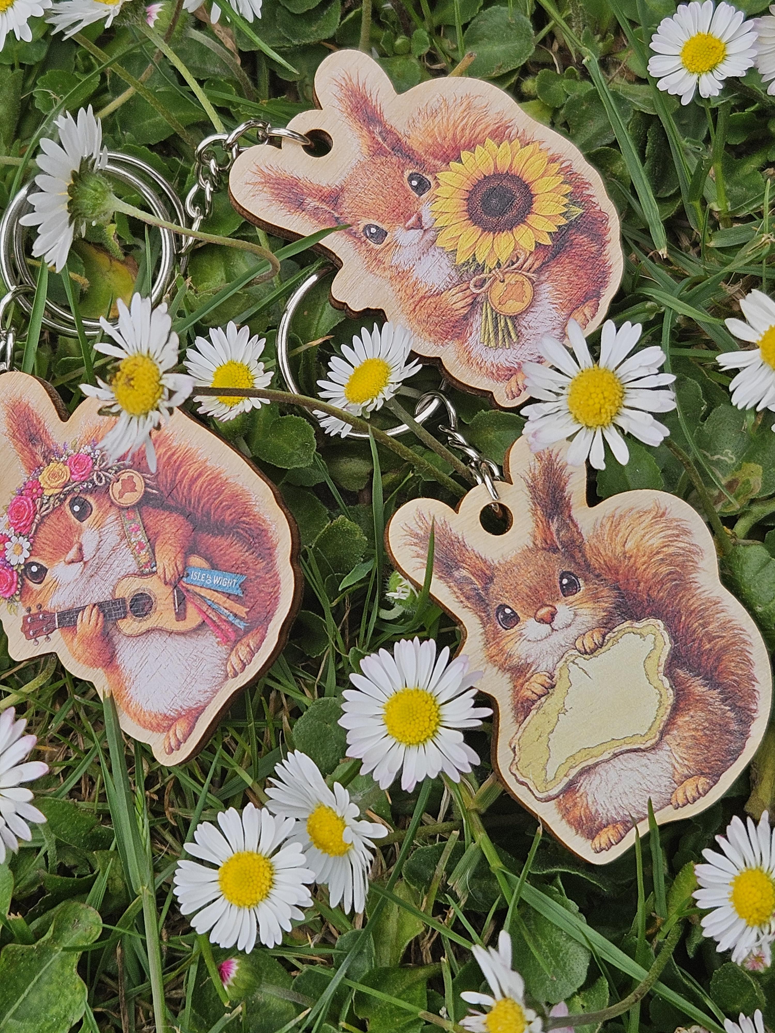Pin Badges & Keyrings featuring Rose the Red Squirrel from the Isle of Wight