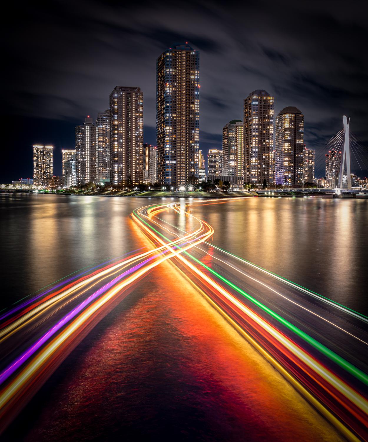 Light trails from Etai Bridge in  Tokyo, Japan