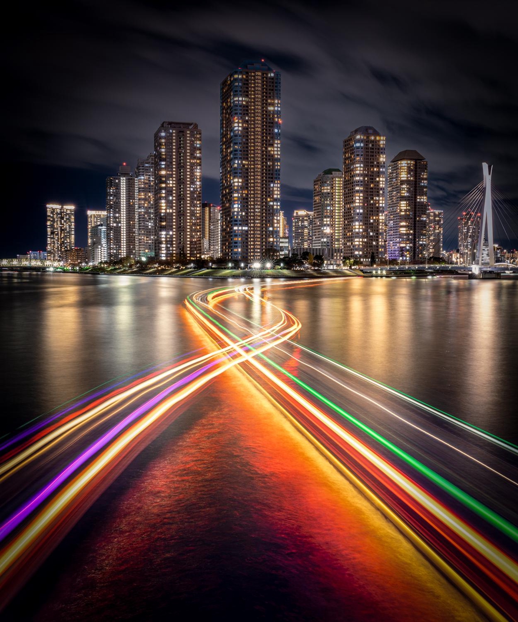 Light trails from Etai Bridge in  Tokyo, Japan