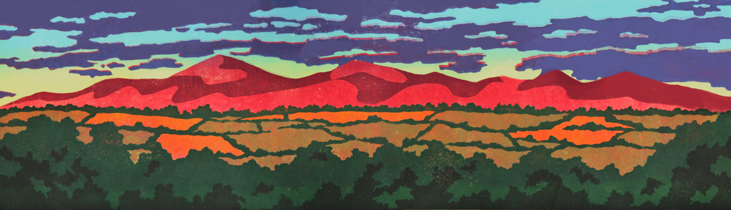 A lino print of the mourne mountains, vibrant colours during the sunrise, mountains are pink, there are green hedges in the foreground, and the sky is a blue to yellow gradient with purple clouds overtop