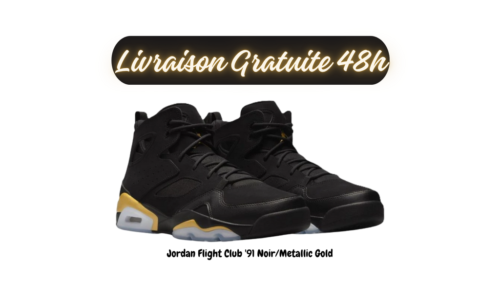 Retour en 1991 avec la Jordan Flight Club, un design inspiré de la AJ6 pour un look rétro authentique. Structure renforcée et confort premium pour les nostalgiques des années 90.
 Luxe discret : Jordan Flight Club ’91 avec accents métalliques dorés.
livraison rapide disponible chez Kicks en Guadeloupe et Antilles. livraison 24-48h