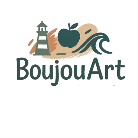 Logo de la boutique BoujouArt : une illustration stylisée représentant un phare, une pomme et une vague sur fond beige, accompagnée du nom "BoujouArt" écrit en lettres arrondies vert foncé. Ce logo évoque la Normandie à travers ses symboles emblématiques – la mer, le terroir et le patrimoine local.