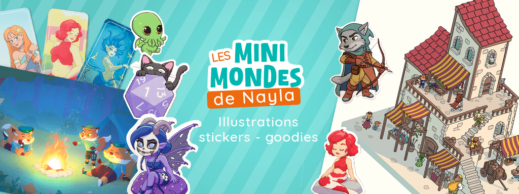 bannière d'une boutique d'illustrations, stickers et goodies illustrés. Des illustrations isométriques, et des personnages cartoon, chibi... chaleureux et colorés