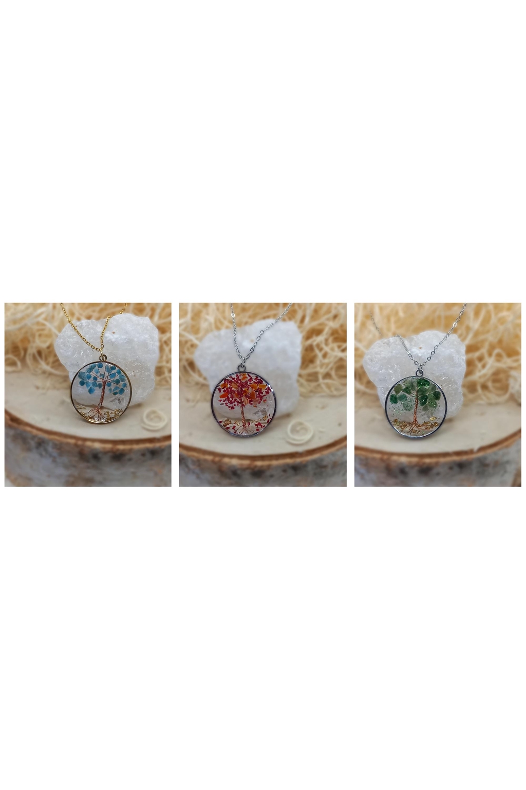 pendentifs arbre de vie en résine et pierres naturelles