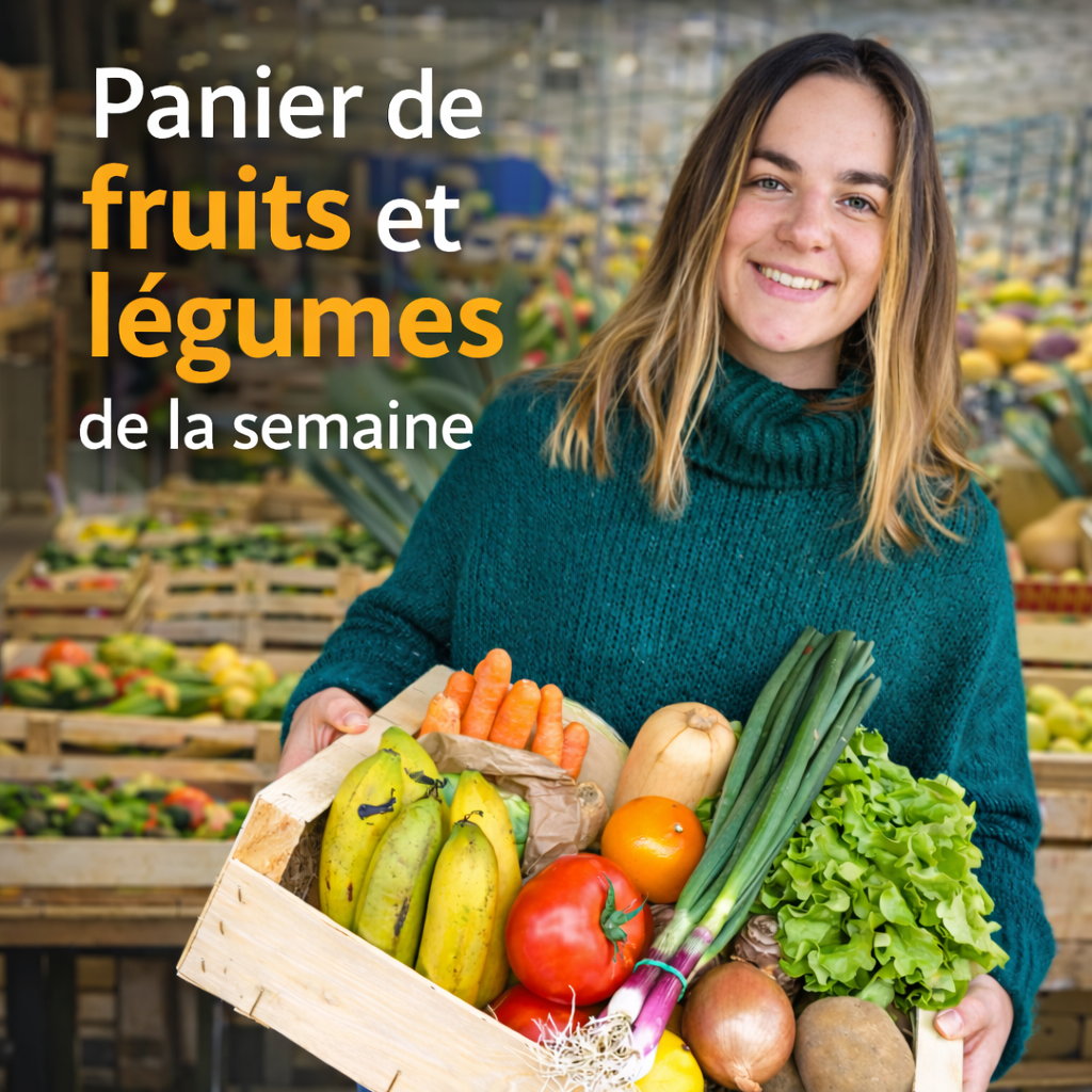 Mathilde tenant un panier de fruits et légumes de la semaine