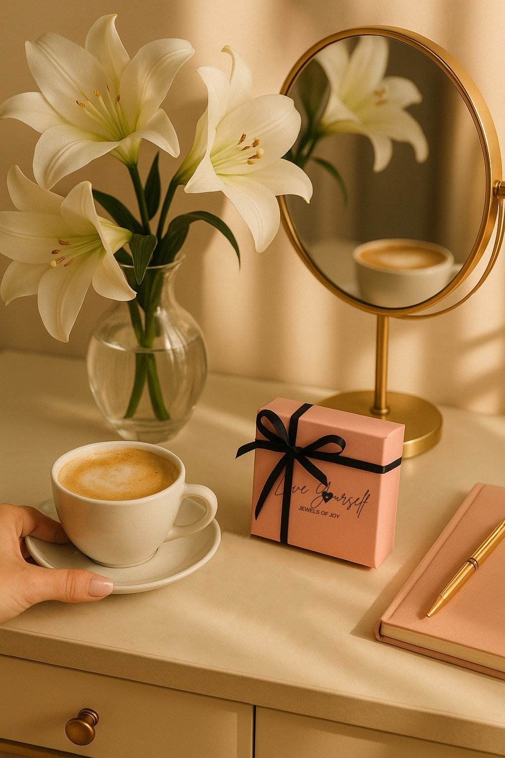 Love Yourself - Jewels of Joy Schmuckbox neben Lilien, goldfarbenem Spiegel und Cappuccino. Ein Moment voller Ruhe und Selbstliebe.