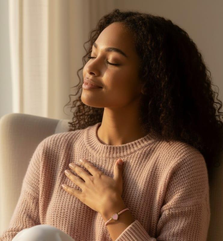 Selbstliebe Schmuck Armband mit Herz Anhänger, Frau im warmen Licht, Love Yourself - Jewels of Joy