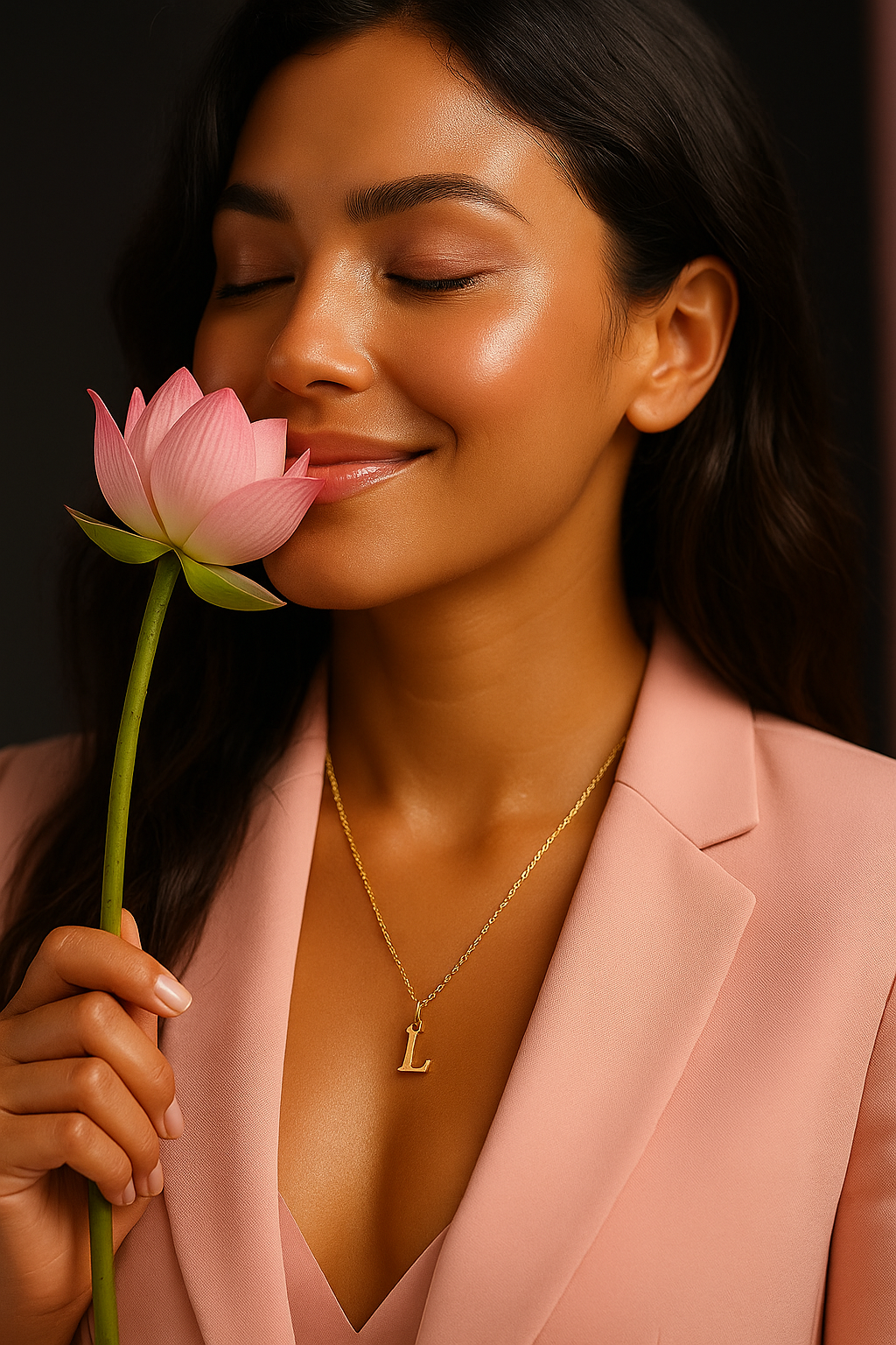Frau mit Blume und Letter Halskette – Symbol für Selbstliebe und Eleganz. Love Yourself – Jewels of Joy.
